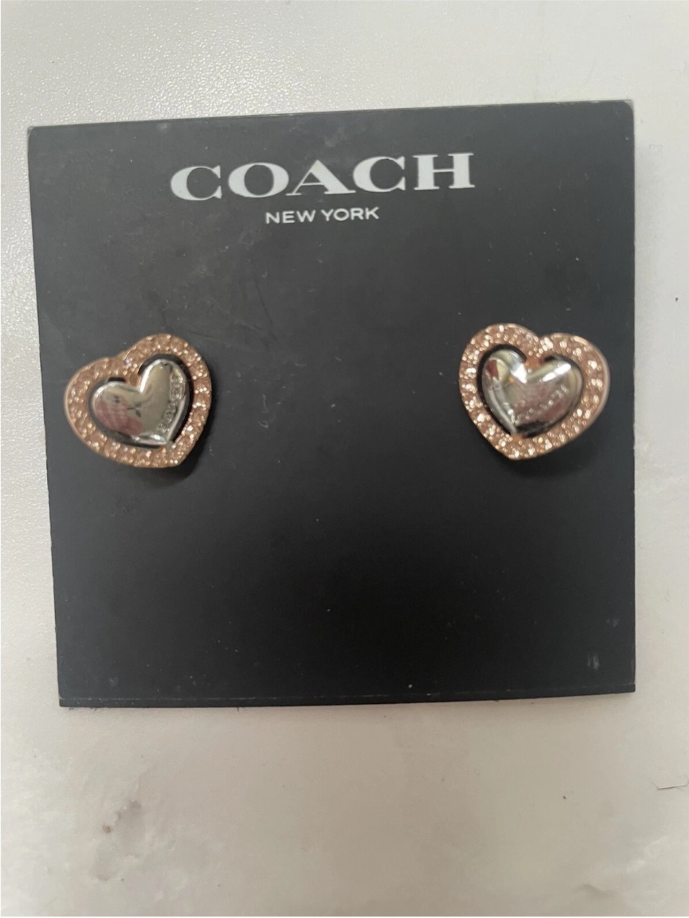 Coach Rosegold-tone & Silver-tone Metals Heart Shaped Earrings Boxed $75 NWT